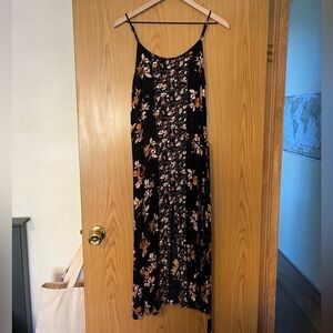 Black Floral Midi Dress with Tie + Center Slit